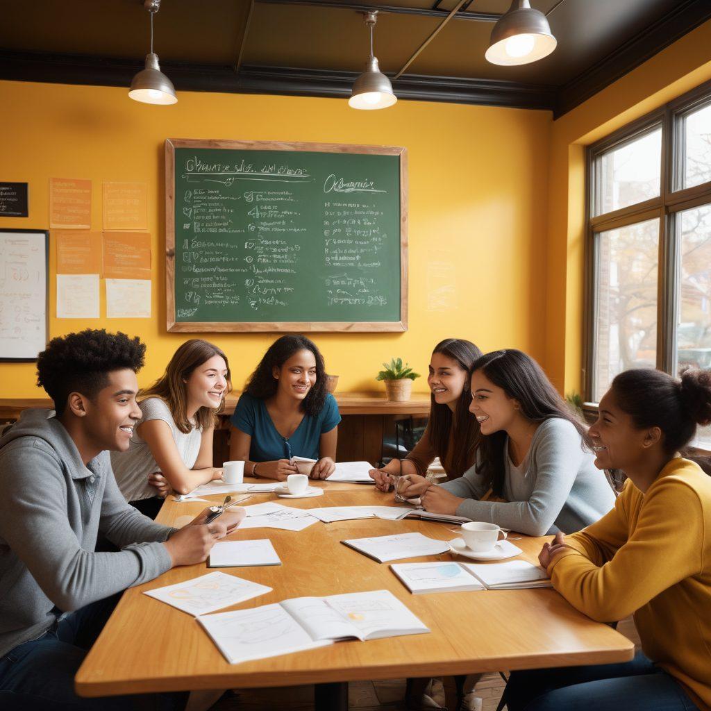 A vibrant college scene showcasing diverse students sharing discussions about insurance in a cozy café setting. Background elements include textbooks, laptops, and coffee cups, symbolizing study and friendship. Add visual metaphors like a shield representing protection and financial balance scales, emphasizing the importance of insurance. Bright colors and a cheerful atmosphere to reflect the optimism of college life. super-realistic. vibrant colors. dynamic composition.