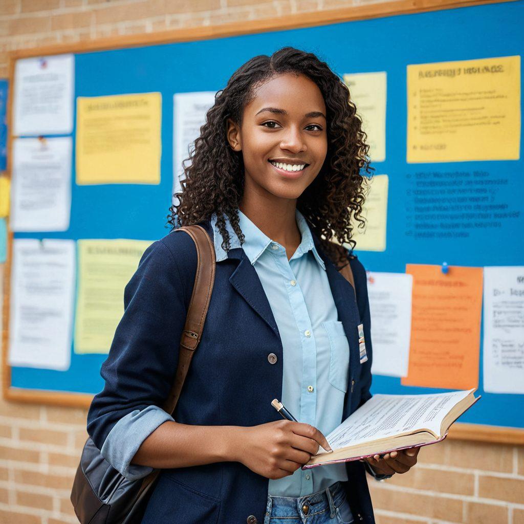 A young adult navigating through a vibrant college campus filled with diverse students, surrounded by books and laptops, while holding a checklist of insurance tips. In the background, illustrate a colorful bulletin board displaying helpful resources and key terms related to college insurance. The scene should convey a sense of optimism and empowerment, highlighting the importance of being informed. super-realistic. vibrant colors. bright blue sky.
